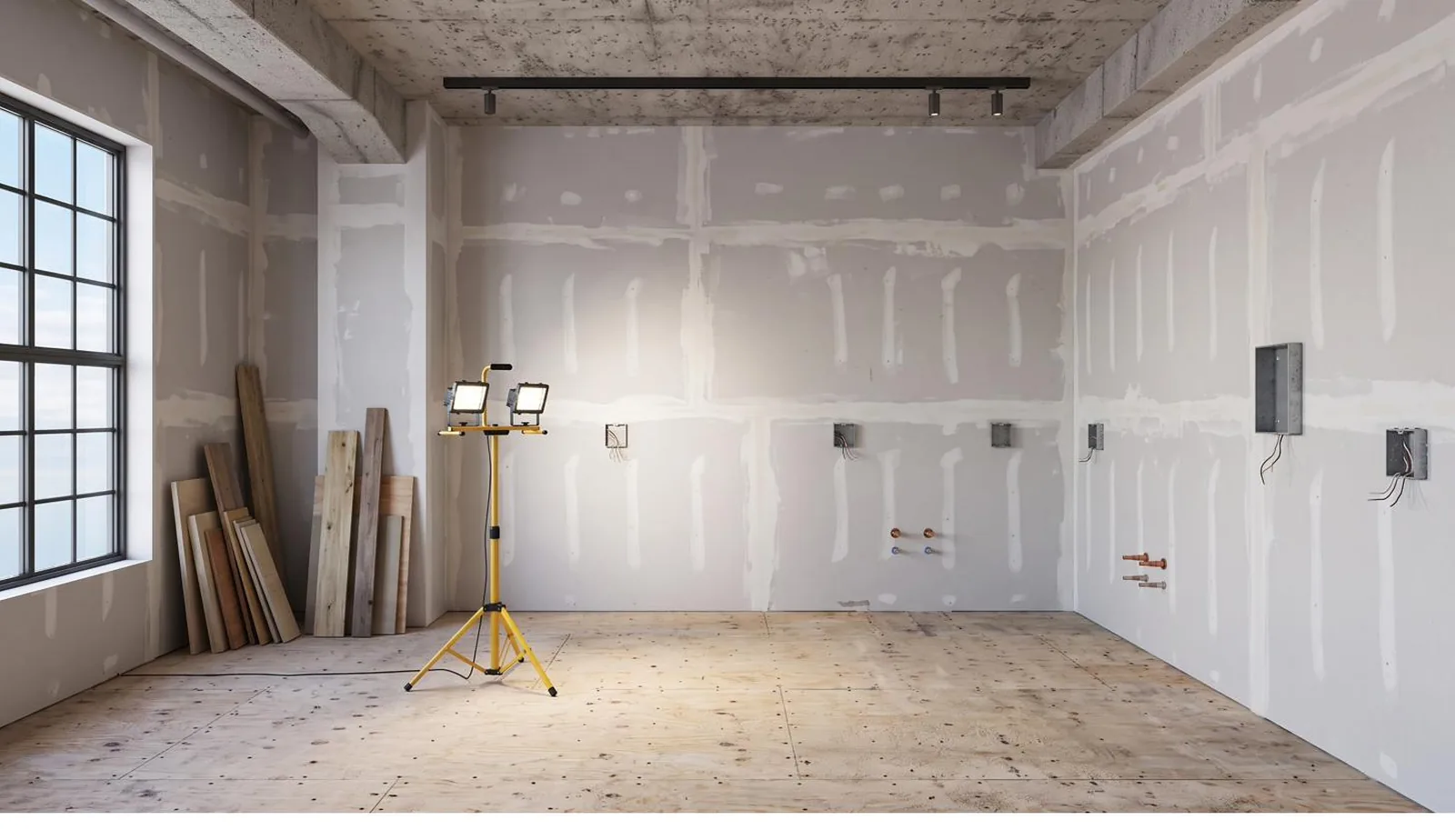 A room stripped to taped drywall and rough-in electrical boxes, lit by a work light