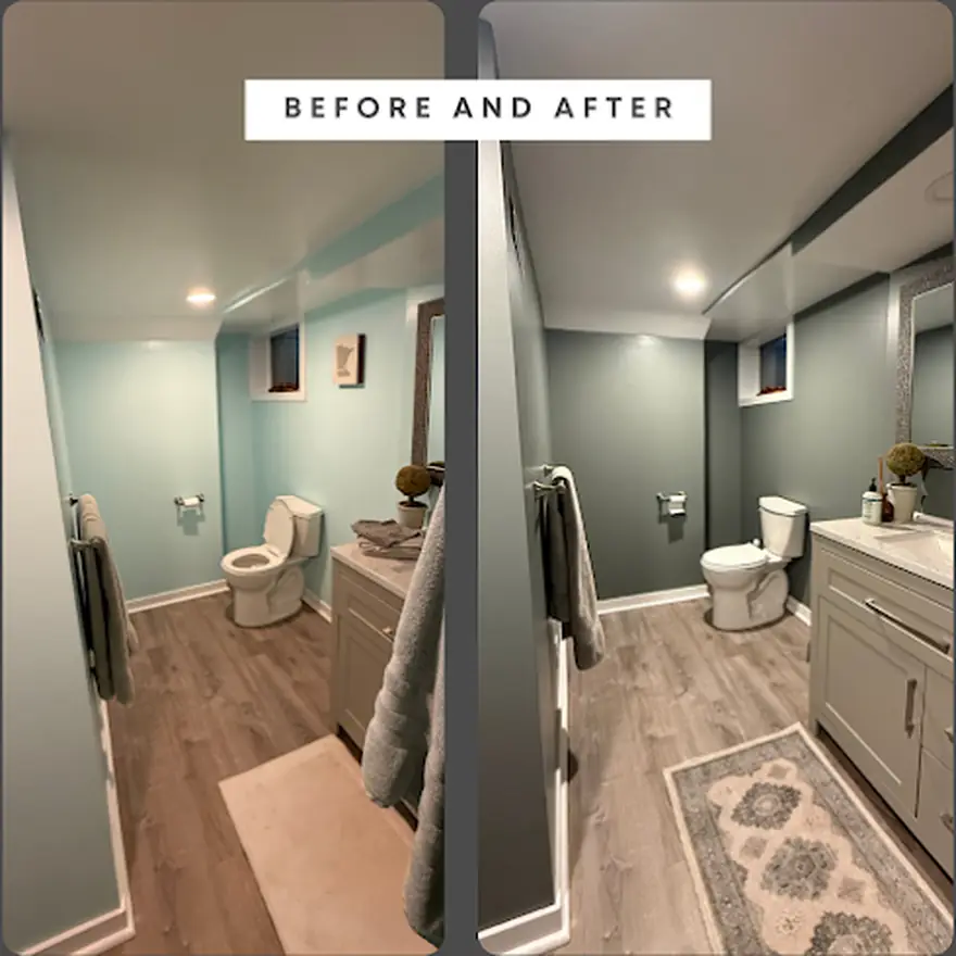 A basement bathroom by D1 Construction, before and after: new vanity, fixtures and finished walls