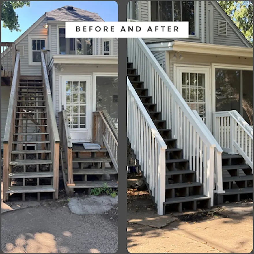 An exterior staircase by D1 Construction, before and after: rebuilt railings, painted and sealed