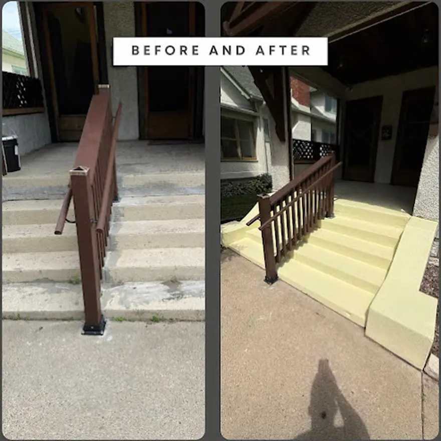 Front steps by D1 Construction, before and after: railing repaired and repainted, treads recoated