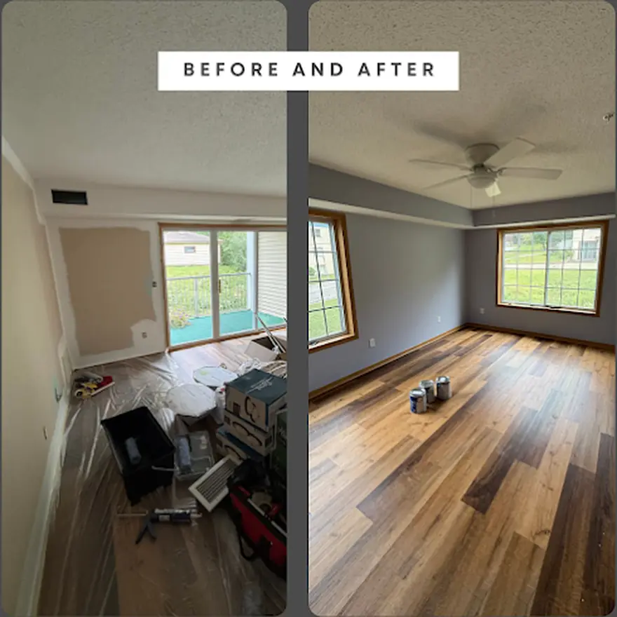 A living room floor by D1 Construction, before and after: luxury vinyl plank laid wall to wall