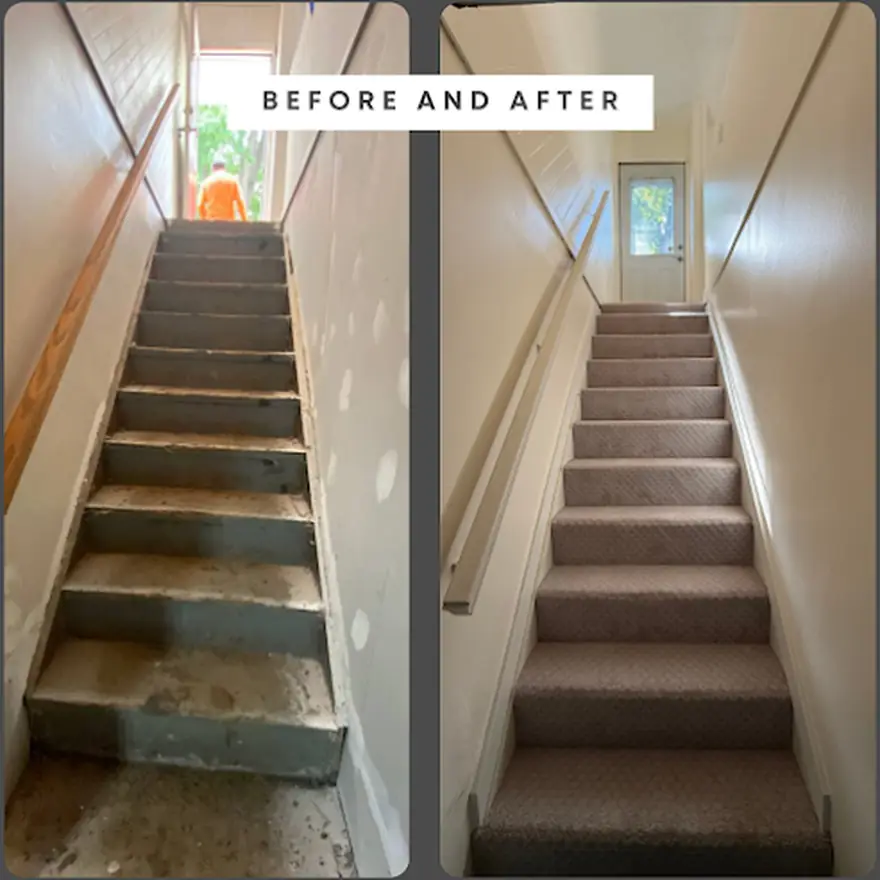 A staircase by D1 Construction, before and after: stripped back and re-carpeted