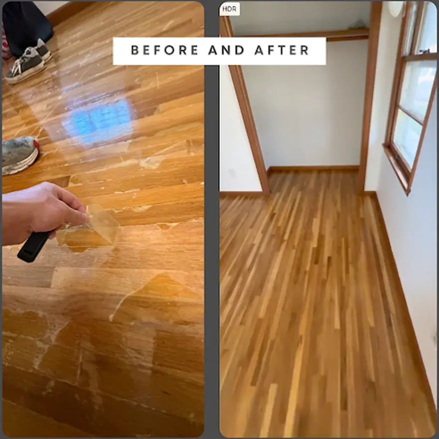 A hardwood floor by D1 Construction, before and after: sanded to bare timber and resealed