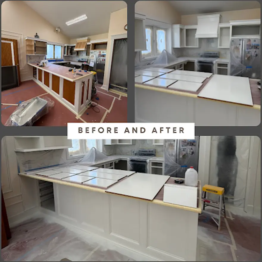 A kitchen by D1 Construction, before and after: dated cabinets replaced with new cabinetry, countertops and paint