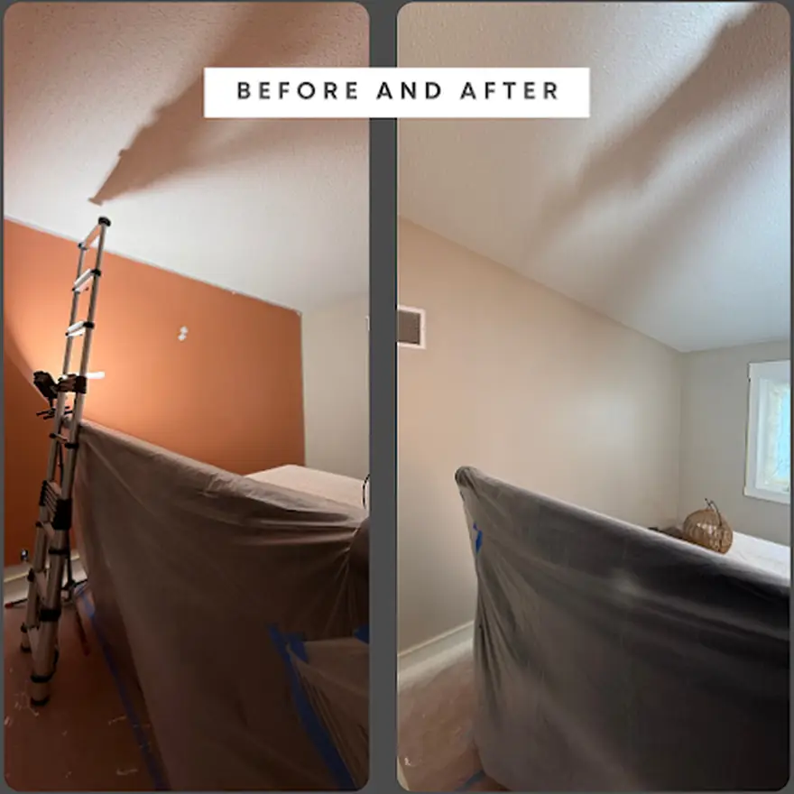 A bedroom repainted by D1 Construction, before and after: a bold accent wall taken to a clean neutral