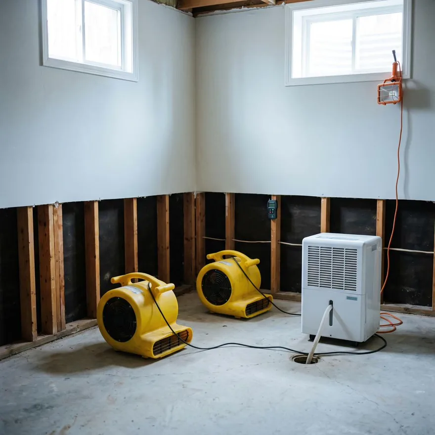 A basement being dried out after water damage: air movers and a dehumidifier running, drywall flood-cut back to the studs