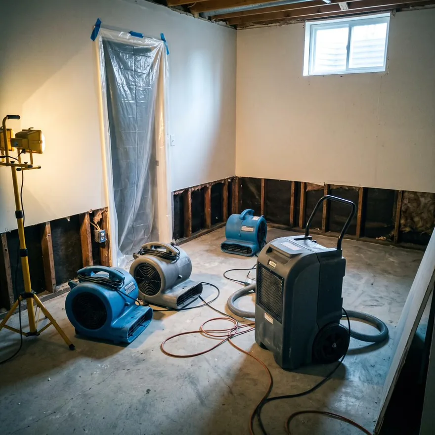 A basement mid dry-out with containment sheeting over a doorway, air movers on the slab and drywall cut back to bare framing