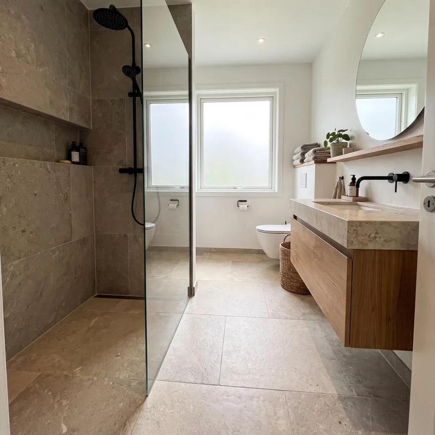 A finished bathroom in warm stone tile with a curbless shower, floating oak vanity and a round mirror