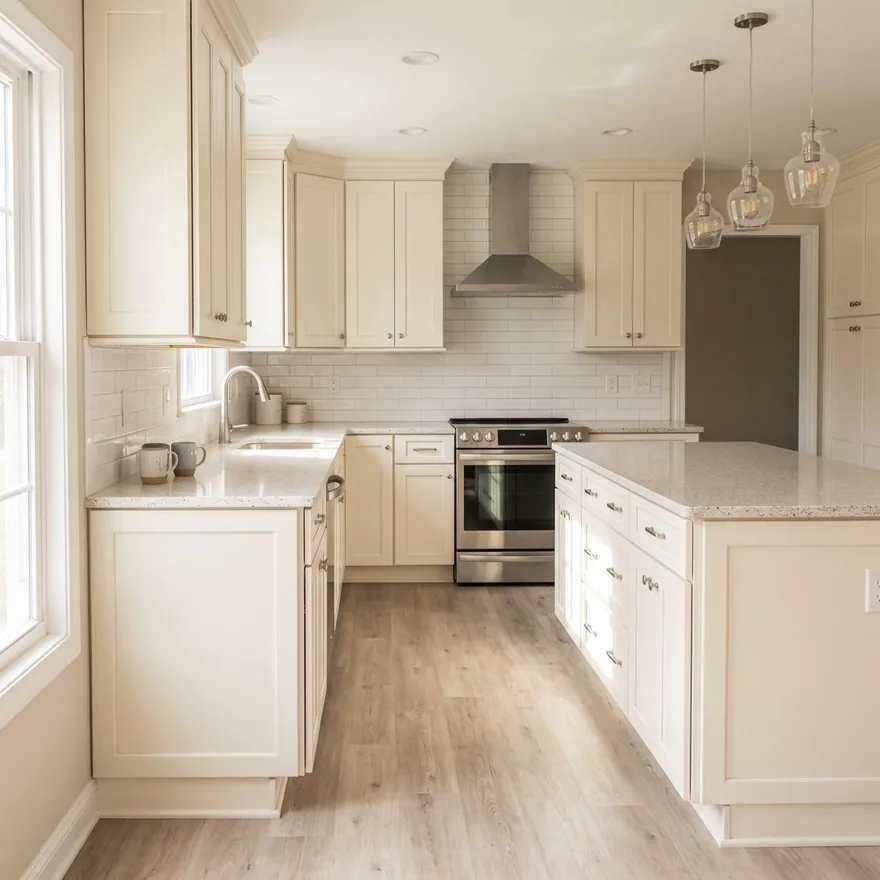 A finished cream kitchen with a peninsula, quartz countertops, subway tile and pendant lighting