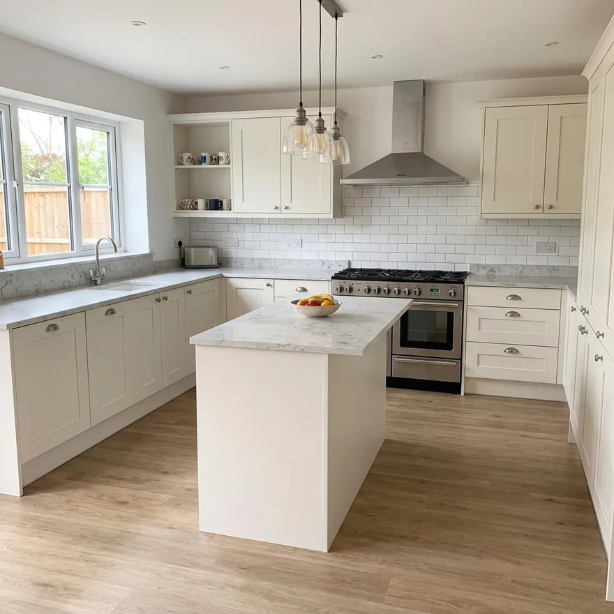 A finished shaker kitchen in cream with a marble-look island, range hood and open shelving
